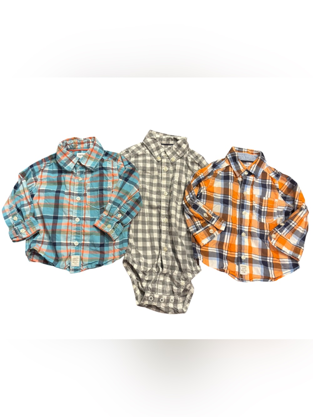 Carter’s 12M plaid button down onesie and two plaid button down shirts